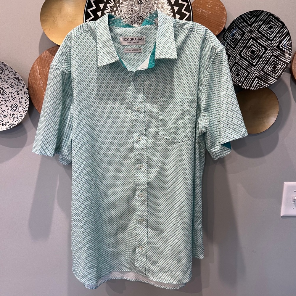 Nick Graham Everywhere Mens XL Short Sleeve Button Down Shirt Teal Geometric Dot